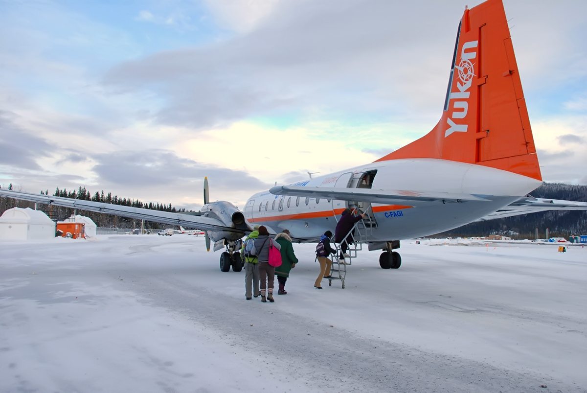 Dawson City Airport, boarding the Air North Hawker Siddeley 748 bound for Whitehorse